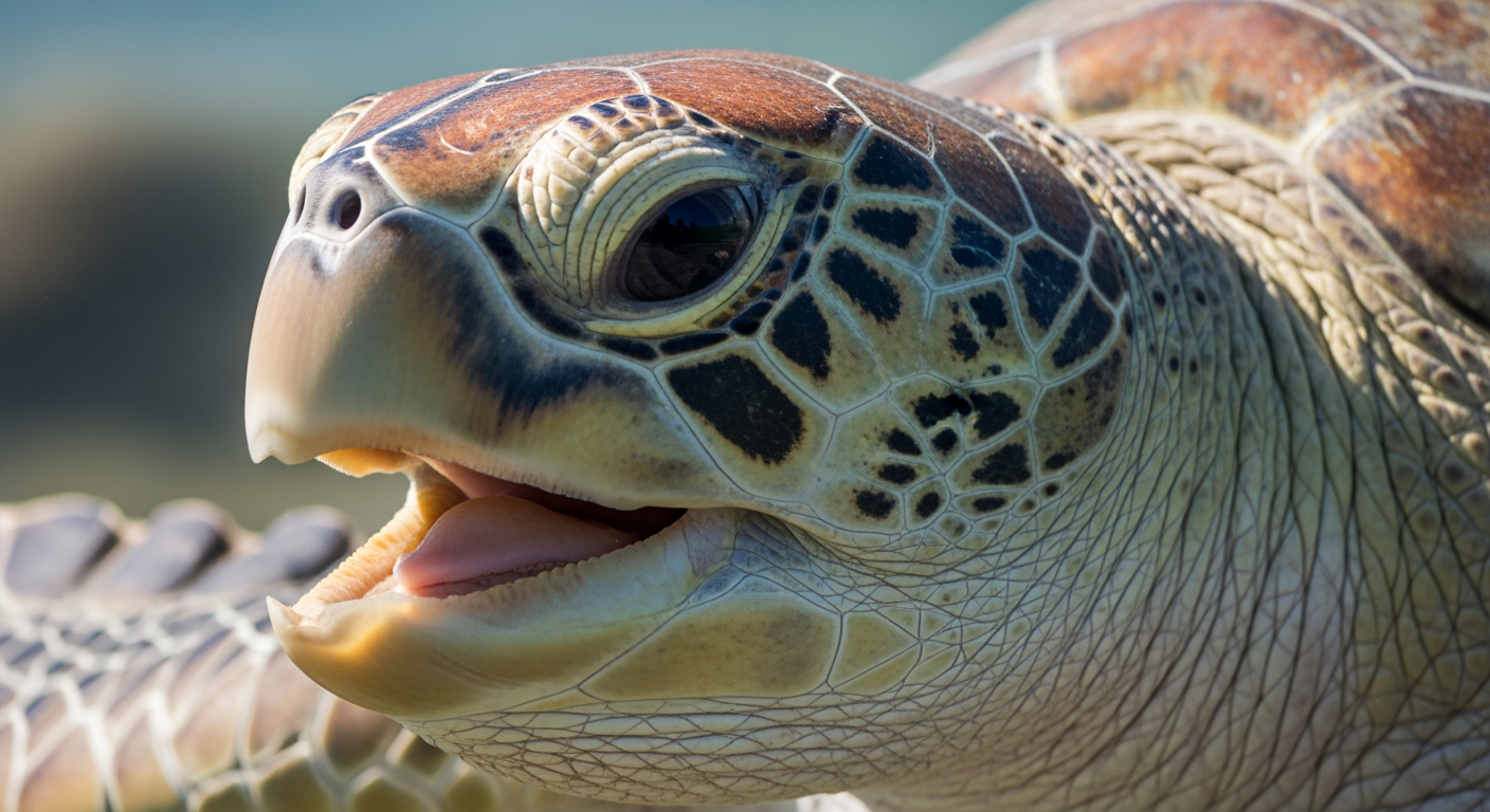 Close-up of a turtle's beaked mouth, showing it has no teeth