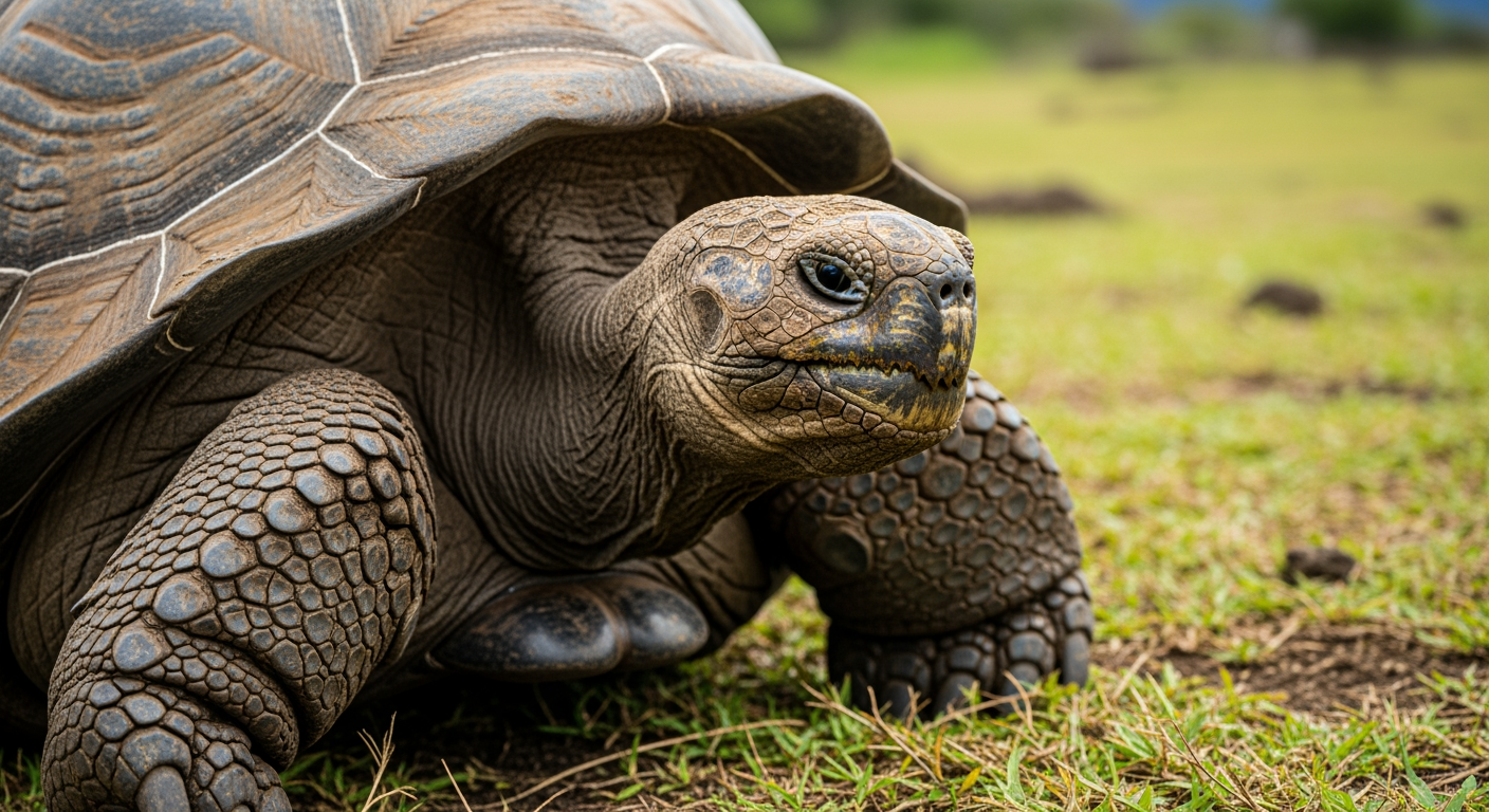 Close-up of an ancient giant tortoise with deeply wrinkled skin