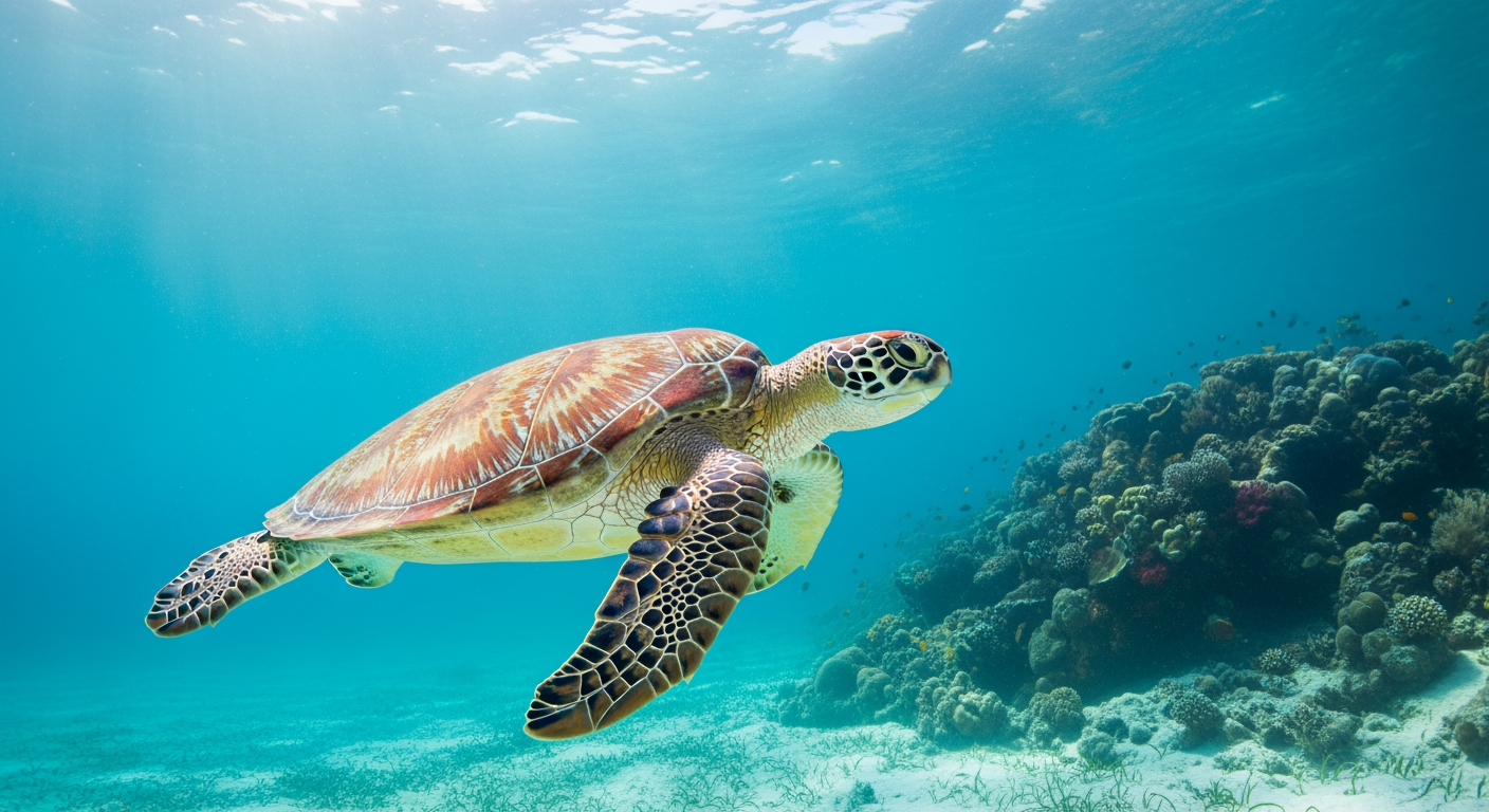 A green sea turtle swimming underwater in clear blue ocean