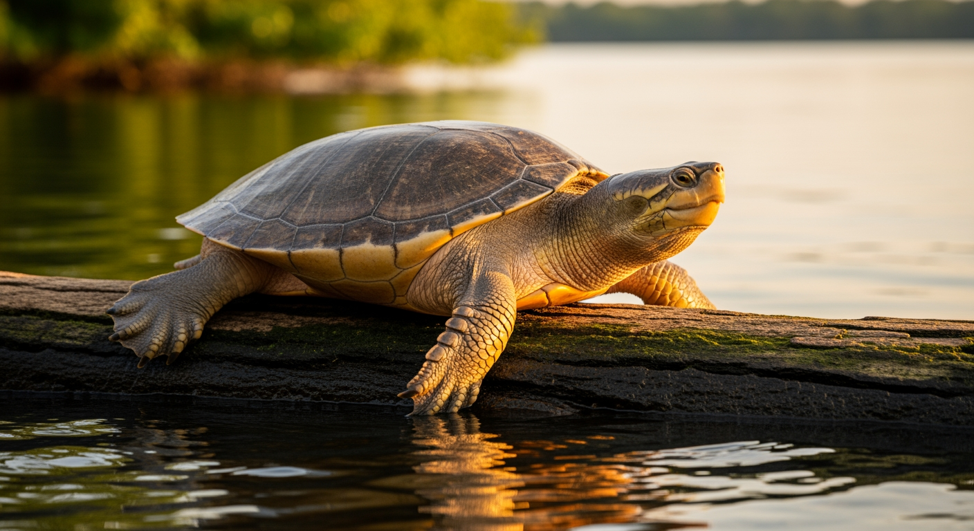 A turtle basking on a log in the sun, showing its dry scaly skin