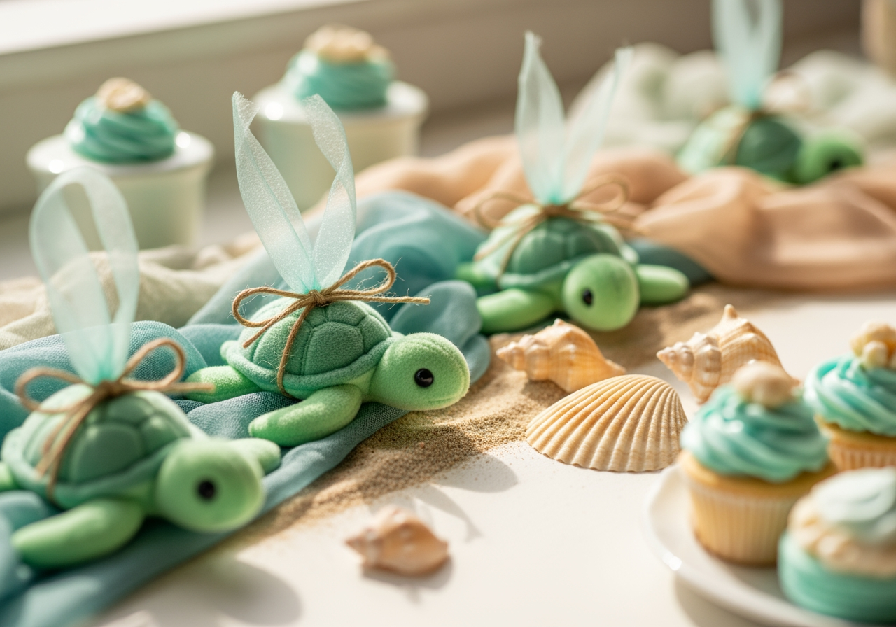 Sea turtle baby shower favors and decorations in soft ocean colors