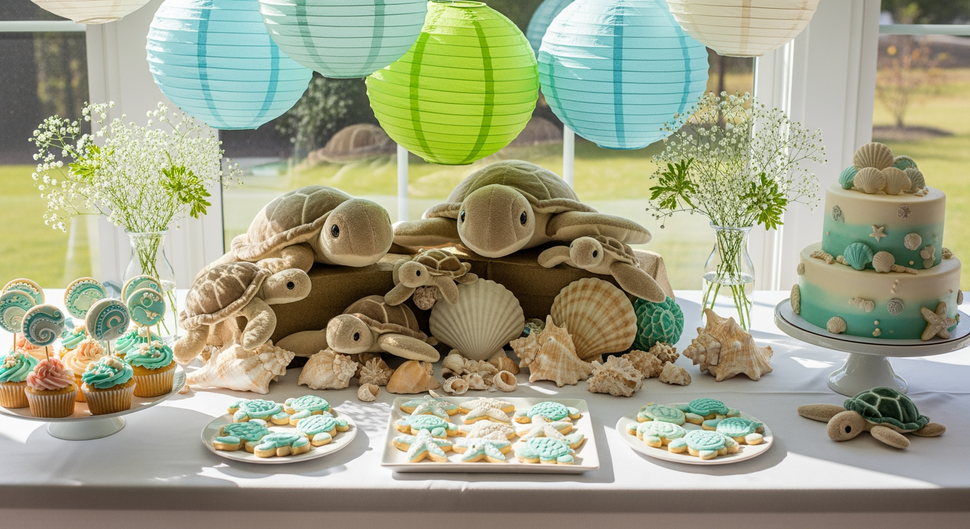 A sea turtle themed baby shower table with plush turtles and ocean-color decorations