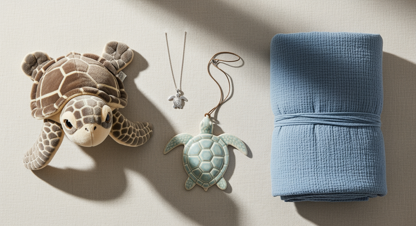 A selection of sea turtle gifts including a plush toy, a turtle necklace and decorative ornaments