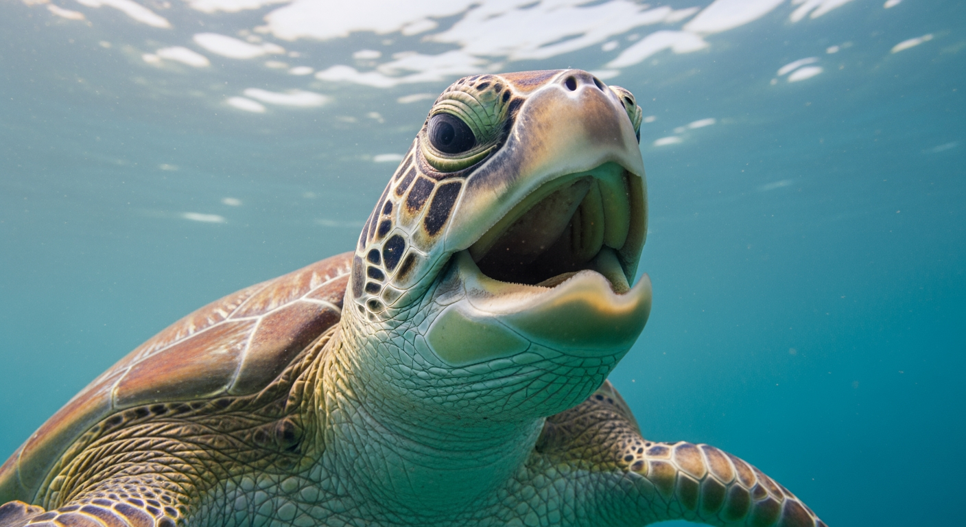 A green sea turtle's open mouth showing its beak and serrated jaw, with no true teeth