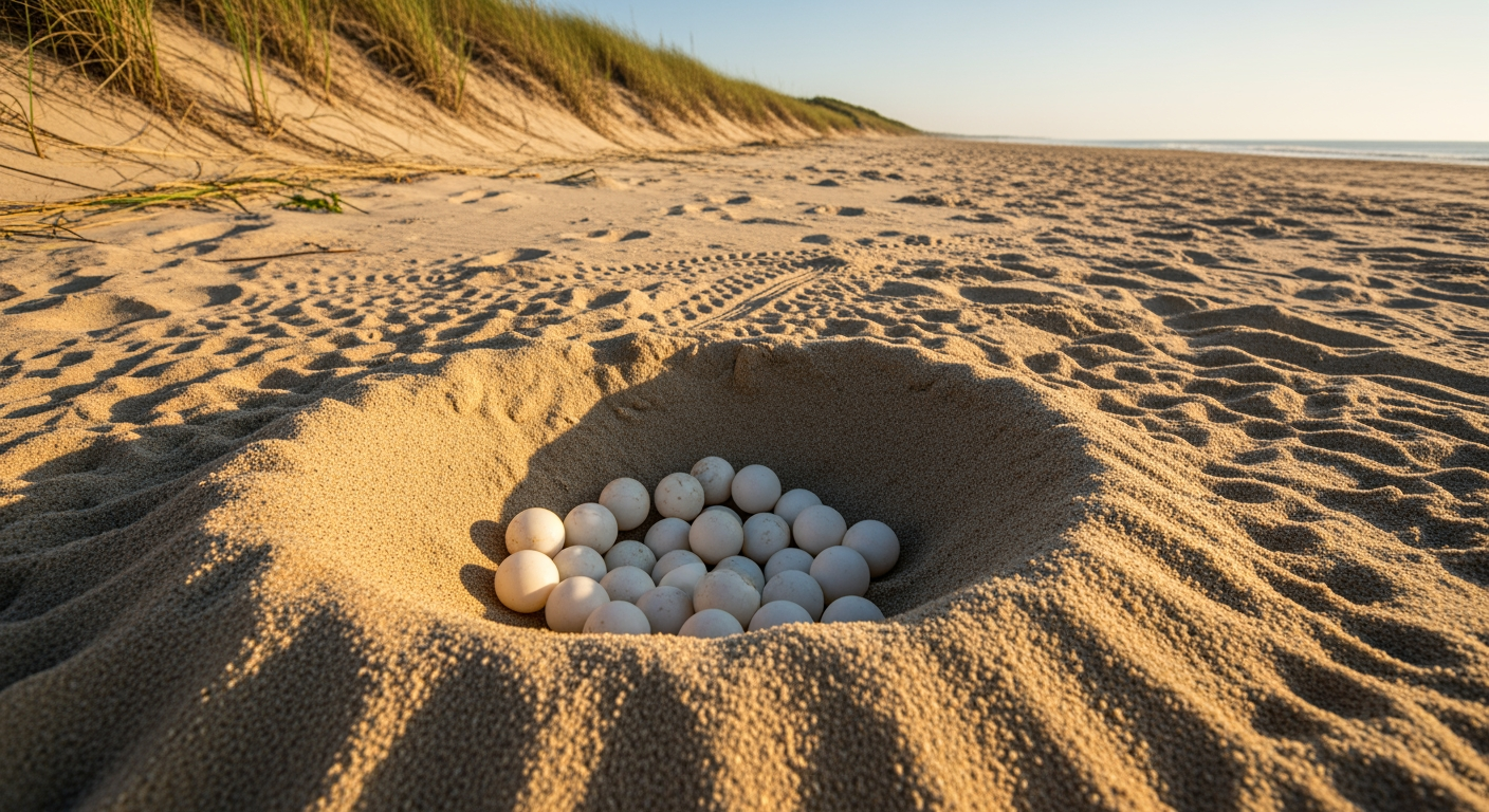 A sea turtle nest of leathery eggs in the sand on a beach