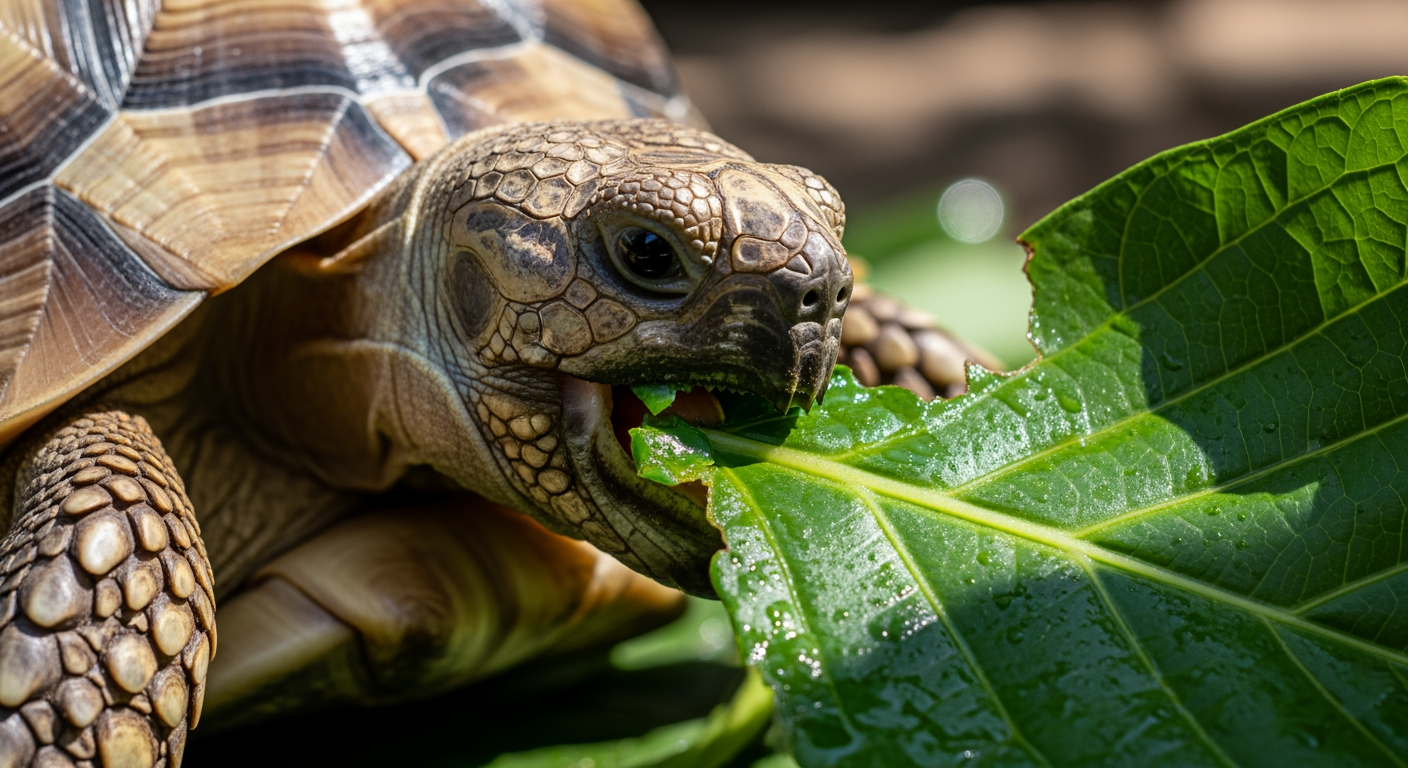 A tortoise eating a leaf using its sharp keratin beak