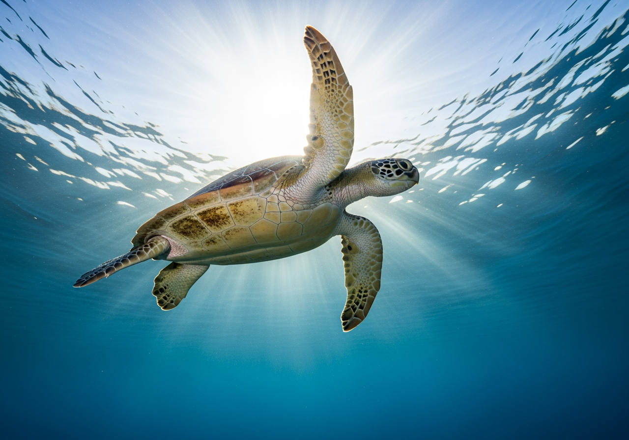 A green sea turtle swimming up toward the sunlit ocean surface