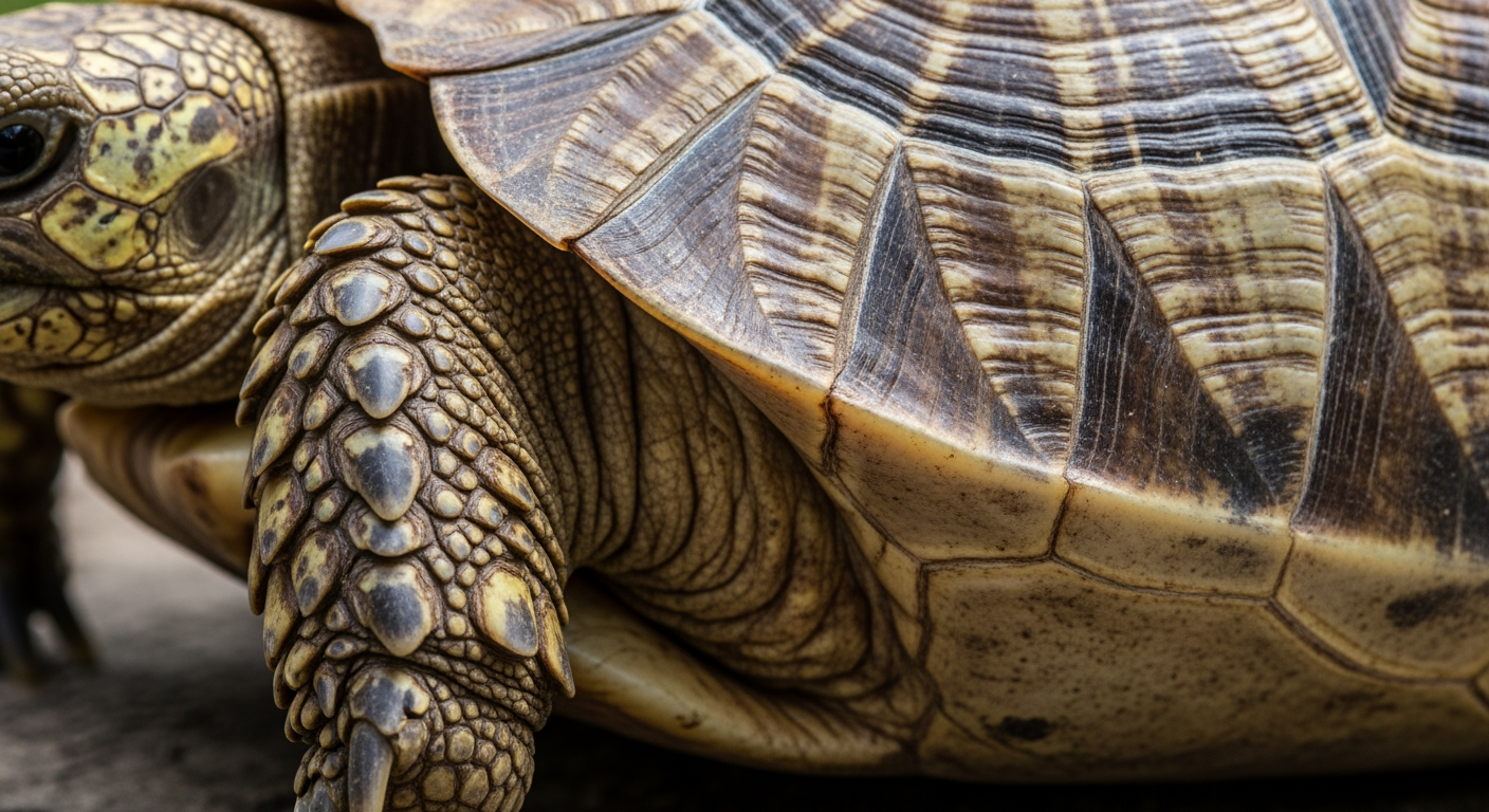 Close-up of a turtle's scaly skin and the keratin scutes on its shell