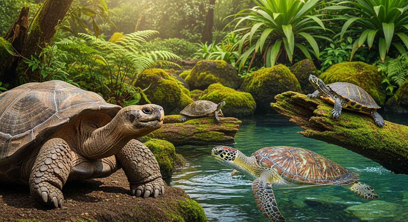 Several turtle species together in a natural landscape — a giant tortoise, a green sea turtle and a freshwater pond turtle